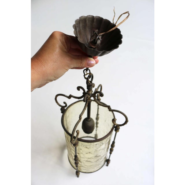Vintage Brass and Textured Glass Pendant Lantern, France, 1950s For Sale - Image 12 of 13