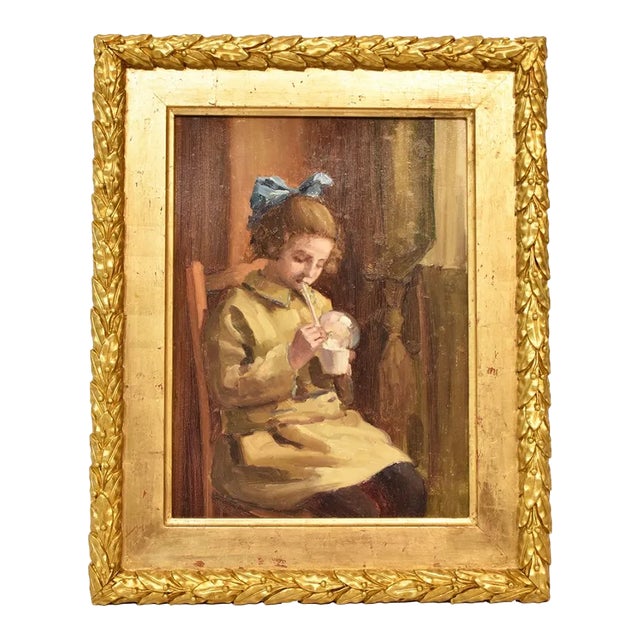 Portrait Painting, Child Playing, Oil Painting, Early 20th Century For Sale