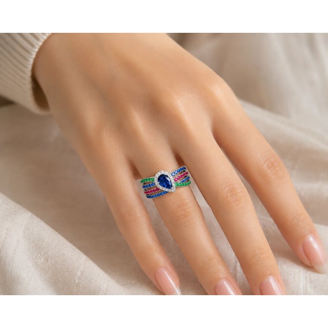Modern Late 20th Century 18K White Gold Diamond Ruby Sapphire Emerald Band Ring, Size 7 For Sale - Image 3 of 3