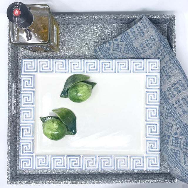 Hand Painted in Italy, a Ceramic Cocktail Tray with Majolica Limes and a Light Blue Greek Key Border. Italian Ceramics