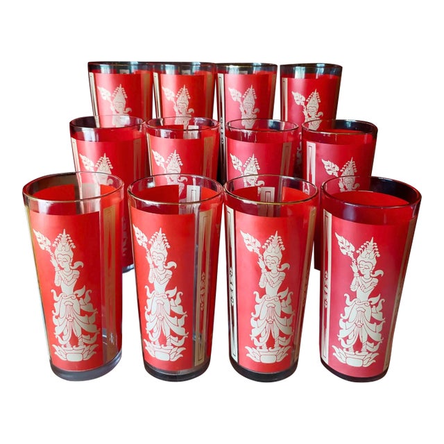 Culver Red & Gold Thai Goddess 22k Gold Red Highball Glasses – Set of 12 For Sale