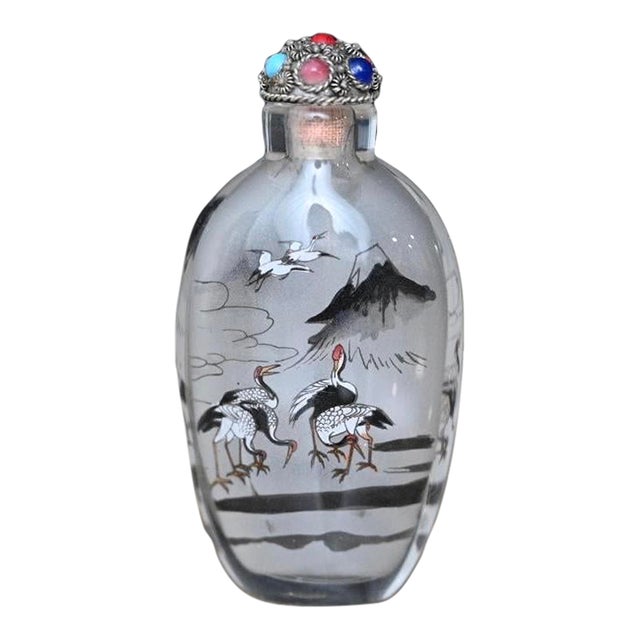 Mid 20th Century Chinese Heron Inside-Painted Snuff Bottle For Sale