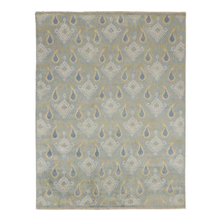 Rug & Kilim’s Classic Ikats Style Rug With Gold, White and Blue Patterns For Sale