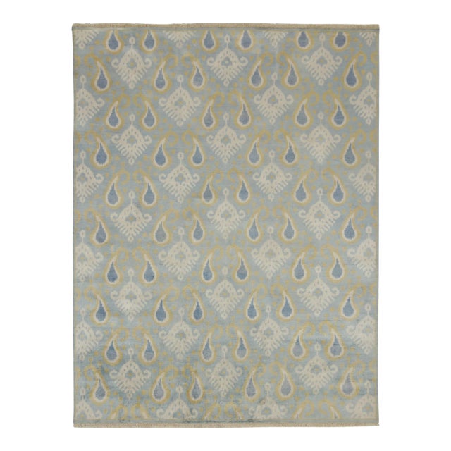 Rug & Kilim’s Classic Ikats Style Rug With Gold, White and Blue Patterns For Sale