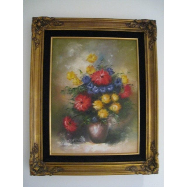 Gold 1960s Oil Painting by De Marco 26 X 32 "California School of Painters" Still Life Flowers in Vase For Sale - Image 8 of 9