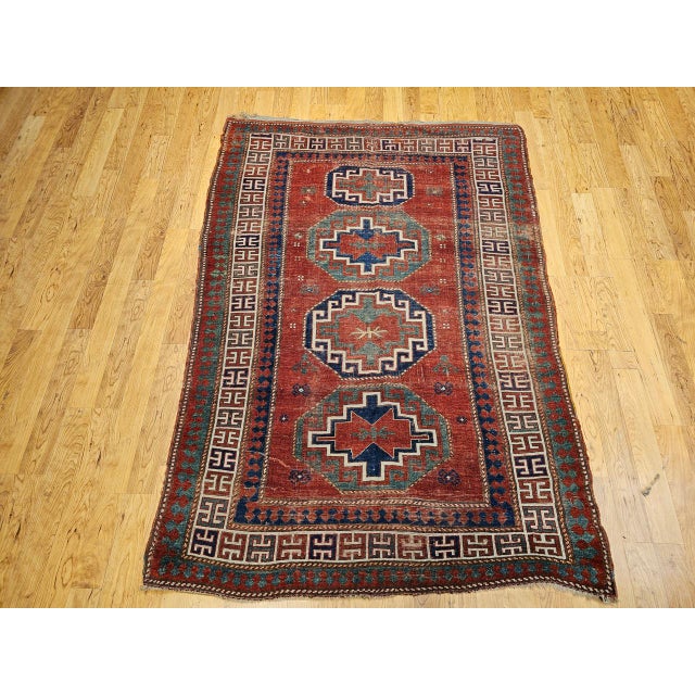 Antique Caucasian Kazak Rug, Handwoven Wool, Geometric Medallion Design, Red & Ivory, 5' x 7' For Sale - Image 9 of 17