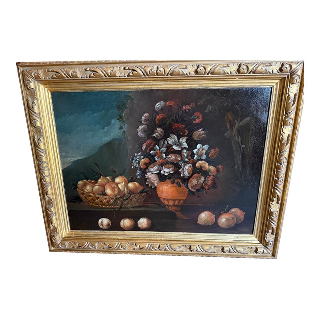 18th Century Neapolitan School Floral & Fruit Still Life Oil Painting in Monumental Gilt Frame - Unsigned For Sale