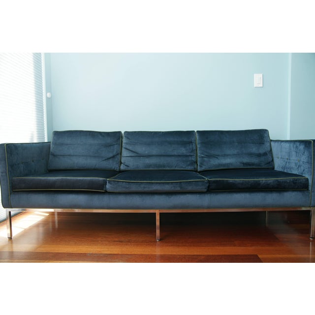 Thayer Coggin chrome base sofa in the manner of Florence Knoll with button tufted back and inside arms upholstered in...