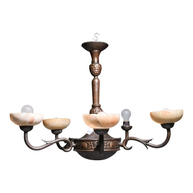 Mid 20th Century Swedish Art Nouveau Style Chandelier With Alabaster Shades For Sale