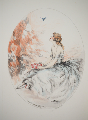 Louis Icart, Jeune femme et l'oiseau, Etching