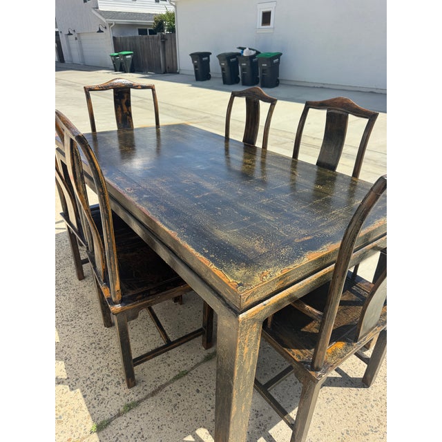 Brown 19th Century Asian Antique Dining Table With Chairs - Set of 7 For Sale - Image 8 of 9