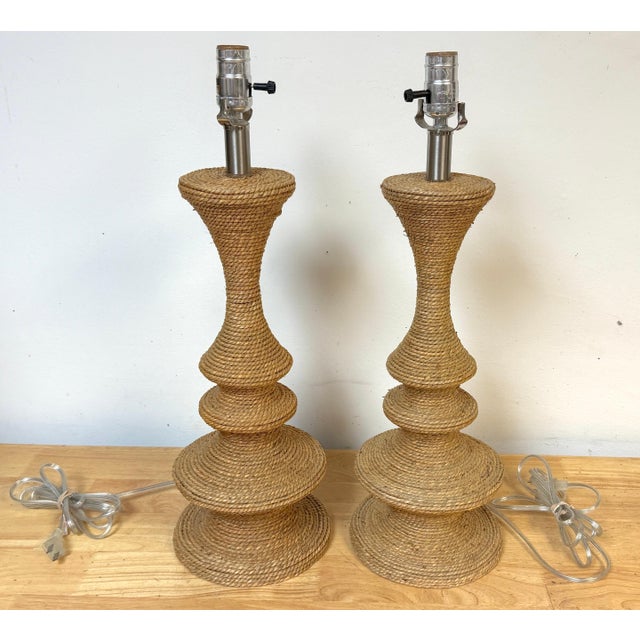 Late 20th Century Pair French Modern Style Biomorphic Rope Lamps, in the Style of Audoux & Minet For Sale - Image 5 of 11