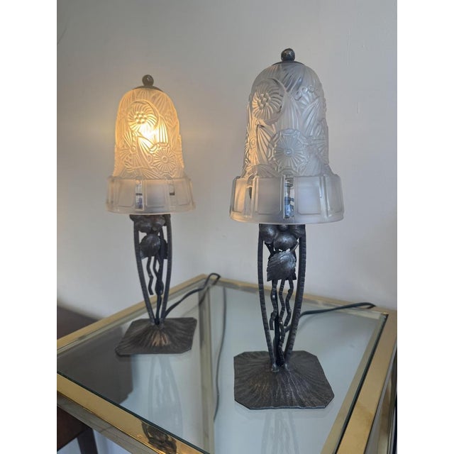 1920s Art Deco Lamps in Wrought Iron and Glass from Hettier-Vincent, 1929, Set of 2 For Sale - Image 5 of 18