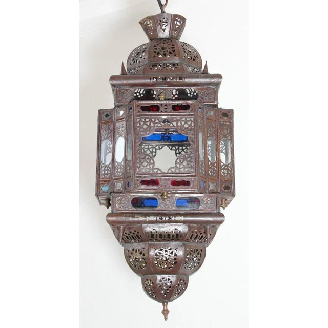 Vintage Moroccan Handcrafted Lantern Ceiling Light With Multi-Color Glass For Sale - Image 11 of 12