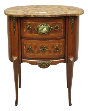 Antique French Louis XV Style Marble Top Bombe Commode Nightstand Side Table