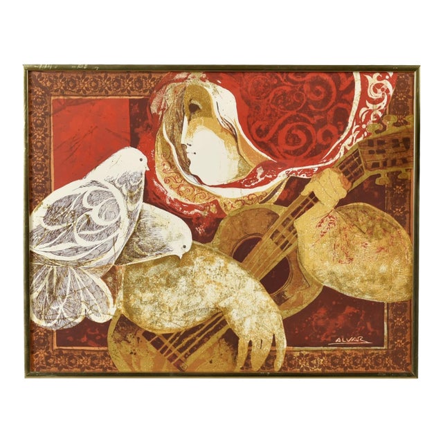 Spanish Artist Sunol Alvar the Guitarist and the Pigeons Framed Lithograph For Sale