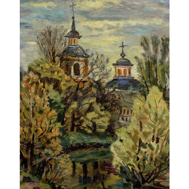 Beautiful Impressionist landscape of the Alhambra, California cathedral surrounded by green, yellow and orange trees next...
