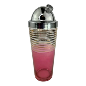 Vintage Hot Pink Flashed Glass Cocktail Shaker With 10 Gold Bands