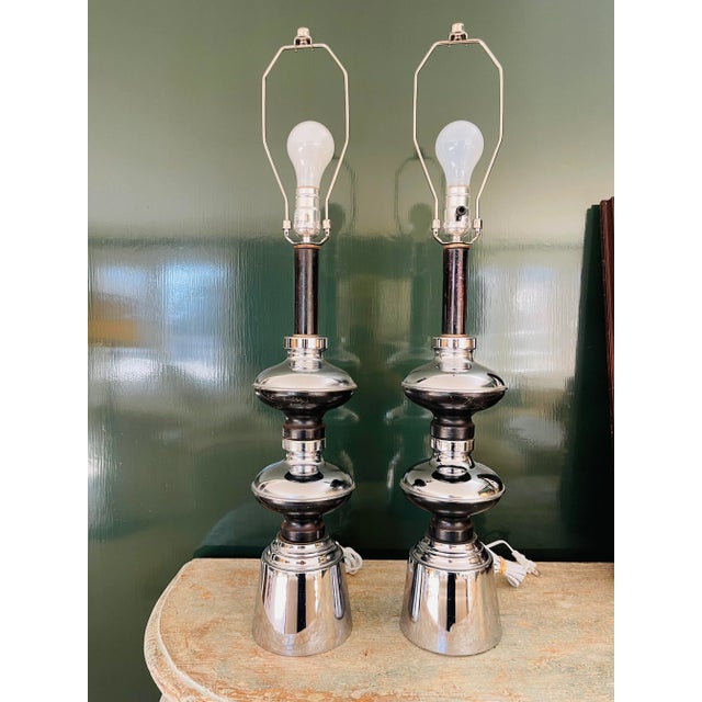 1960s Vintage Mid-Century Modern Chrome and Black Stacked Table Lamps - a Pair For Sale - Image 9 of 9