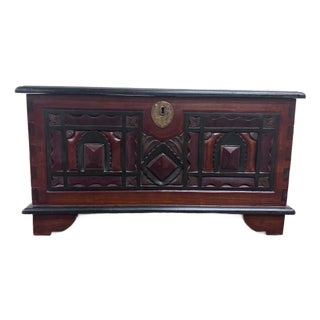 Antique Indian Rajasthani Geometric Carved Solid Hardwood Bridal Dowry Chest For Sale