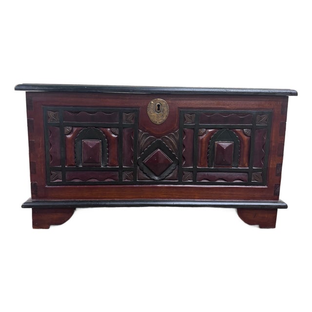 Antique Indian Rajasthani Geometric Carved Solid Hardwood Bridal Dowry Chest For Sale