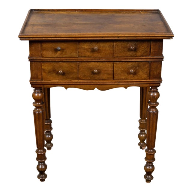 French 19th Century Walnut Side Table with Tray Top, Fluted Legs and Six Drawers For Sale