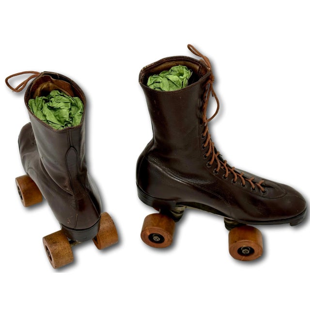 Oxblood Red Original Pair of Authentic Vintage Mid 1900s American Women's Roller Skates - for Decoration For Sale - Image 8 of 12