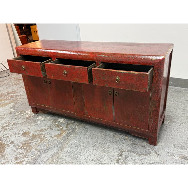 Asian Red Distressed Lacquered Sideboard, Vintage For Sale - Image 4 of 12