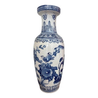 Vintage Hand-Painted Chinoiserie Floor Vase With Blue & White Floral and Avian Motif For Sale