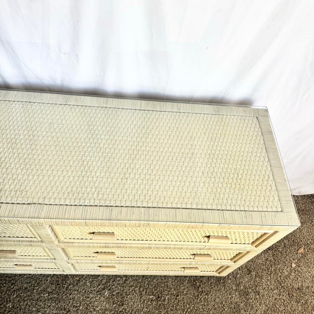 Boho Chic White Washed Wrapped Wicker Glass Top Dresser For Sale - Image 4 of 7