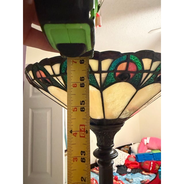 Dale Tiffany Inc Stained Glass Floor Lamp Antique Bronze Base Signed 67in For Sale - Image 9 of 9