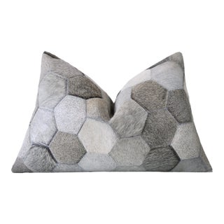 Luxury Gray Cowhide Leather Throw Pillow 16x24 | Handmade Hexagon Patchwork Designer Lumbar Cushion For Sale