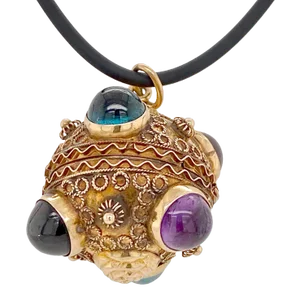 1950s 18k Gold Etruscan Revival Multi Cabochon Gem Pendant / Locket