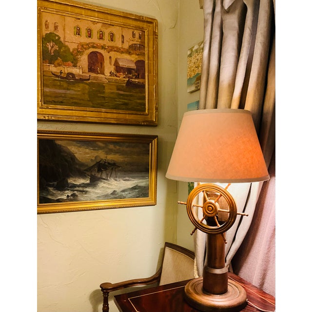 1950s Nautical Wooden Ship Wheel Table Lamp With Linen Gold-Lined Shade – Coastal Maritime Accent Lighting For Sale In Los Angeles - Image 6 of 7