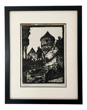 Late 19th Century Signed Woodcut by Wilhelm Funk, Framed