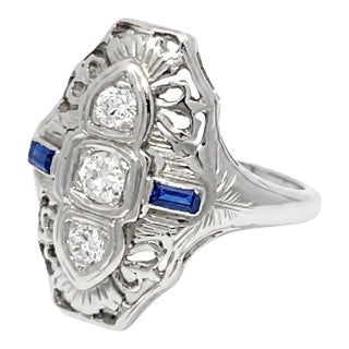 Mid 20th Century Art Deco 18k White Gold Filigree Ring With Old Cut Diamonds & Blue Sapphires, Size 5.25 For Sale