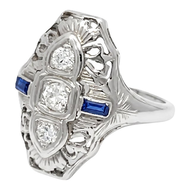Mid 20th Century Art Deco 18k White Gold Filigree Ring With Old Cut Diamonds & Blue Sapphires, Size 5.25 For Sale