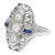 Mid 20th Century Art Deco 18k White Gold Filigree Ring With Old Cut Diamonds & Blue Sapphires, Size 5.25 For Sale