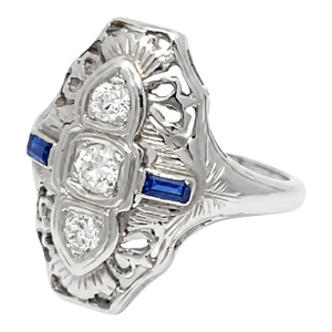 Mid 20th Century Art Deco 18k White Gold Filigree Ring With Old Cut Diamonds & Blue Sapphires, Size 5.25