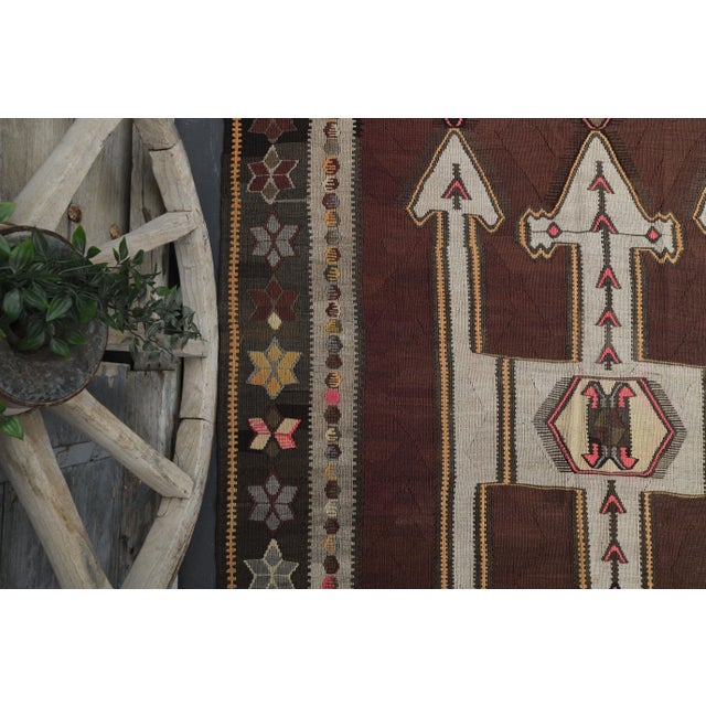 Textile Vintage Turkish Oushak Handmade Wool Cotton Brown Runner Rug For Sale - Image 7 of 11