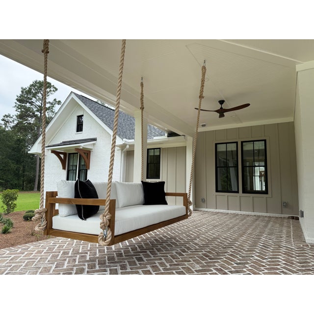 Light Gray ModHaven Bimini Teak Swing Bed - Outdoor Porch Swing With Cushions For Sale - Image 8 of 13