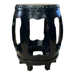 Chinese Black Lacquer Wood Open Ru Yi Bar Round Barrel Stool