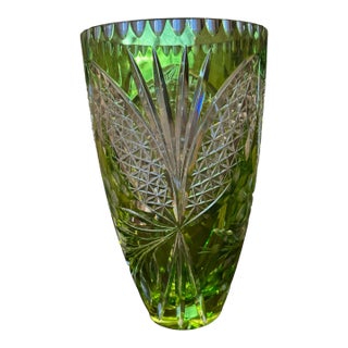 Vintage Nachtmann Green Cut to Clear 10.5" Art Glass Vase For Sale