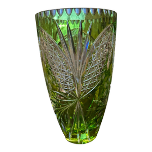 Vintage Nachtmann Green Cut to Clear 10.5" Art Glass Vase