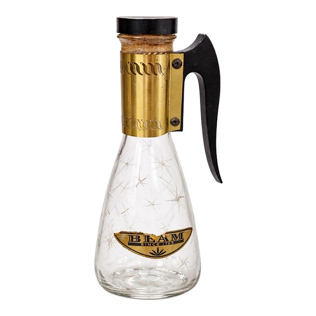 Vintage Mid-Century Modern Jim Beam Etched Glass Carafe With Brass Collar & Bakelite Handle — Atomic Starburst Barware For Sale