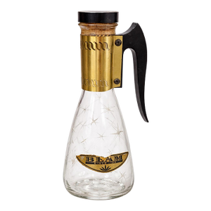 Vintage Mid-Century Modern Jim Beam Etched Glass Carafe With Brass Collar & Bakelite Handle — Atomic Starburst Barware