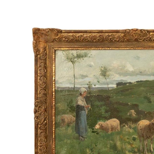 Green 19thC Oil on Canvas French Pastoral Realism Barbizon School Landscape Painting by Harry Thompson, 1885 For Sale - Image 8 of 18
