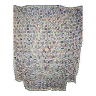 Antique American Folk Art Dimensional Padded Button Center Yo-Yo Quilt With Geometric Diamond Pattern For Sale