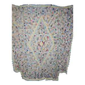 Antique American Folk Art Dimensional Padded Button Center Yo-Yo Quilt With Geometric Diamond Pattern