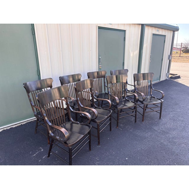 Antique Fraternal Lodge Oak Arm Chairs- Set of 8 For Sale - Image 6 of 12